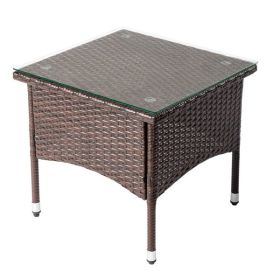 20" Patio Side Table, Outdoor Patio Wicker Square End Table, All-Weather Rattan Coffee Table w/Glass Tabletop for Backyard Deck Porch Poolside, B