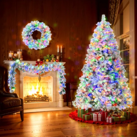 6FT Snow Flocked Christmas Tree  Pre Lit Set With Tree   Garland  Wreath,Artificial Hinged Xmas Tree With Colorful LED Lights8 Lighting Modes, Pi (Color: green)