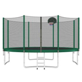 14FT Trampoline For Kids With Safety Enclosure Net, Basketball Hoop And Ladder, Easy Assembly Round Outdoor Recreational Trampoline (Color: green)