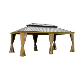 12'x20' Hardtop Gazebo Outdoor Aluminum Wood Grain Gazebos with Galvanized Steel Double Canopy for Patios Deck Backyard (Color: as Pic)