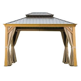 10'x12' Hardtop Gazebo, Wooden Coated Aluminum Frame Canopy with Galvanized Steel Double Roof (Color: as Pic)